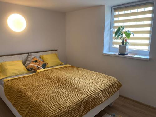 Un dormitorio con una cama con almohadas amarillas y una ventana en Petit Appartament, en Kowary