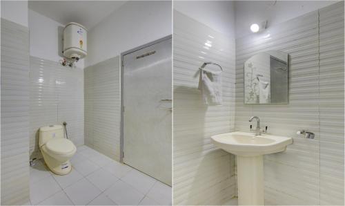 two pictures of a bathroom with a toilet and a sink at Itsy Hotels Satya Shree in Katra
