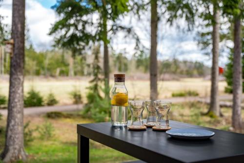 a bottle of alcohol and glasses on a table at Uppsala Large family home beside forest in Uppsala
