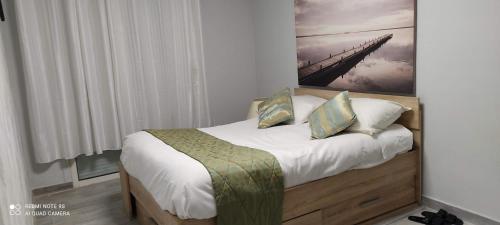 Schlafzimmer mit einem Bett mit Wandgemälde in der Unterkunft Cannes carnot in Cannes