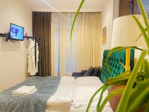 pokój hotelowy z łóżkiem i rośliną w obiekcie happy home w Bordżomi