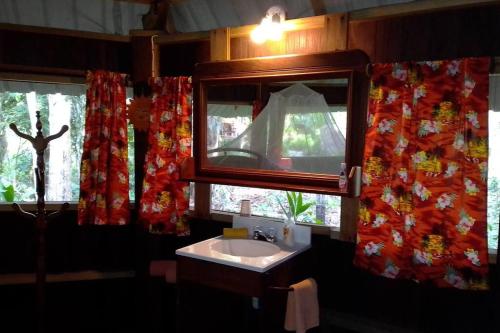baño con lavabo y espejo y 2 ventanas en Sun Creek Lodge, en Punta Gorda