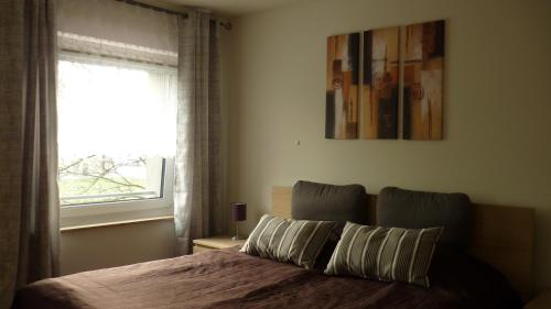 1 dormitorio con 1 cama con ventana y una foto en FeWo am Zwinger, en Dresden