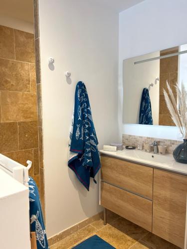 une salle de bain avec un lavabo et un miroir dans l'établissement L' Inattendu, entre terre et mer !, à Laouque