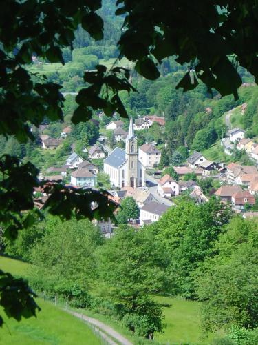 a village with a church in the middle of a hill at Chez Nadine in Ranspach