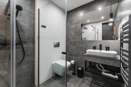 a bathroom with a sink and a toilet and a shower at Osada turystyczna Malinów in Szczawnica