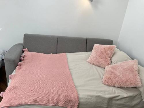 a couch with two pink pillows on top of it at Gorgeous Small House in Brighton in Brighton & Hove