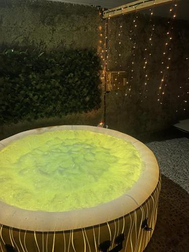 een hot tub gevuld met groen water in een kamer bij Bakoua Bungalow - Jacuzzi in Gros-Morne