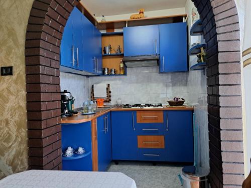 a kitchen with blue cabinets and a brick wall at Casa din livada in Borşa
