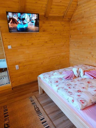 a bedroom with a bed with a tv on the wall at Etno selo EDEN in Žeravački Potok