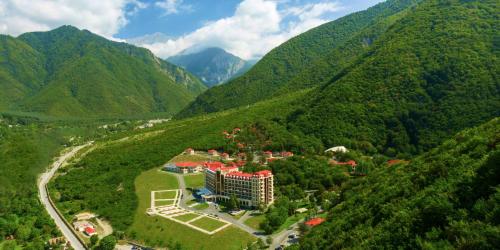 an aerial view of a building in a mountain at Marxal Resort & Spa in Sheki