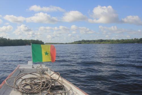 a flag on the back of a boat on a lake at Le Margouillat in Toubakouta