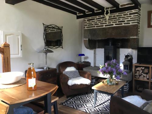 ein Wohnzimmer mit einem Sofa und einem Kamin in der Unterkunft Cottage perché dans les montagnes du Mont-Saint-Michel in Beauficel
