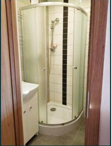 a bathroom with a shower and a sink at Mieszkanie B Łowiczki in Zator