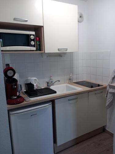 une cuisine avec un évier et un micro-ondes dans l'établissement T2 avec piscine aux portes d'Honfleur, à Honfleur