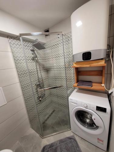 a shower in a bathroom with a washing machine at Apartament Ślęczka in Zabrze
