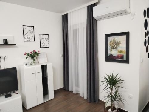 un soggiorno con pareti bianche e TV di Apartman 007 a Kragujevac