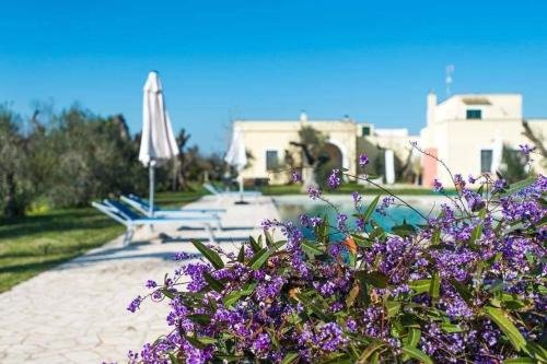 un montón de flores púrpuras delante de una piscina en Tenuta alla Castellana, en Gallipoli