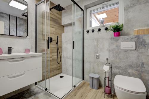 a bathroom with a shower and a toilet and a sink at Apartament na wzgórzu in Muszyna