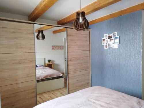 a bedroom with a bed and a mirrored closet at House Leon in Brtonigla