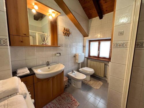 La salle de bains est pourvue d'un lavabo et de toilettes. dans l'établissement Al centro e vicina al lago, à Farra dʼAlpago