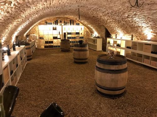 a wine cellar with wine barrels in a room at Domaine Pont Juillet in Fontaines