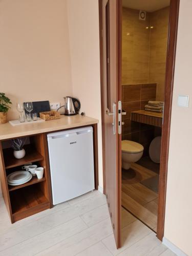 a bathroom with a toilet and a white refrigerator at Pokoje i apartamenty "U Beaty" in Karwia