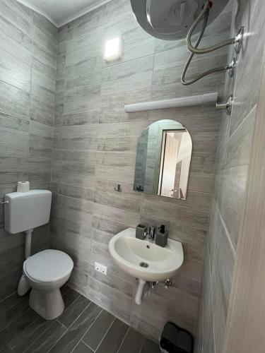 een badkamer met een wastafel, een toilet en een spiegel bij EDINA in Bihać