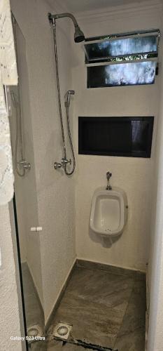 a small bathroom with a urinal and a window at Hostel AJBJ Turismo in Curitiba