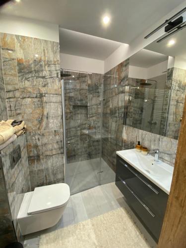 a bathroom with a shower and a toilet and a sink at Apartamenty Białe nad jeziorem Białym in Augustów