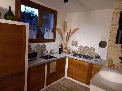 a kitchen with a sink and a stove top oven at Casa Orchidea in Aggius