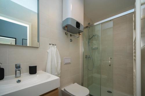 a bathroom with a shower and a sink and a toilet at Villa Bofor in Kučište