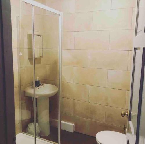 W łazience znajduje się toaleta, umywalka i prysznic. w obiekcie Haverfordwest terraced home w mieście Pembrokeshire