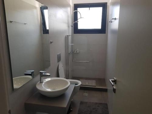 W łazience znajduje się umywalka, toaleta i lustro. w obiekcie Villa Marina w mieście Dhrámia