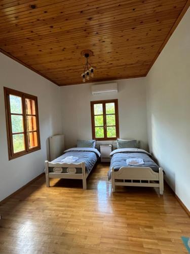 two beds in a room with a wooden ceiling at Lemon Tree House in Leonidion