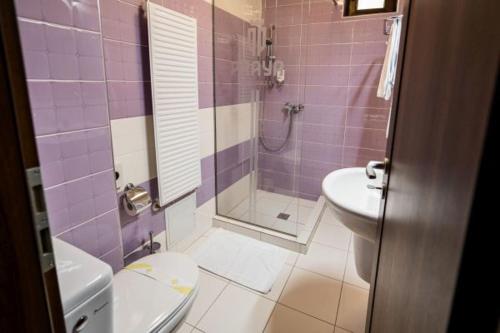 a purple bathroom with a toilet and a sink at Praya Boutique in Slatina
