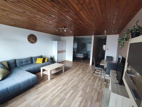 a living room with a blue couch and a table at Apartment Renata Irdning Pichlarn in Aigen im Ennstal