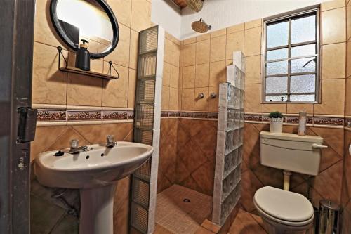 y baño con lavabo, aseo y espejo. en Ostrich Cottage, en Marloth Park