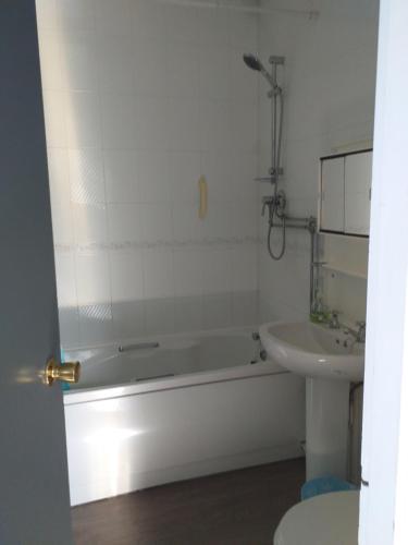 a bathroom with a bath tub and a sink at Dickie's View in Scarborough