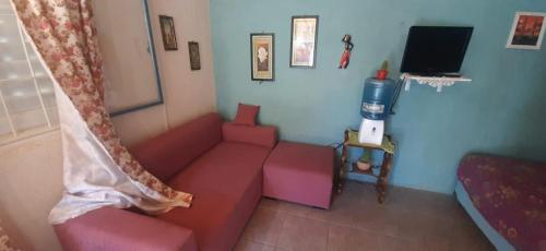 a living room with a red couch and a tv at DEPARTAMENTO MONOAMBIENTE in San Luis