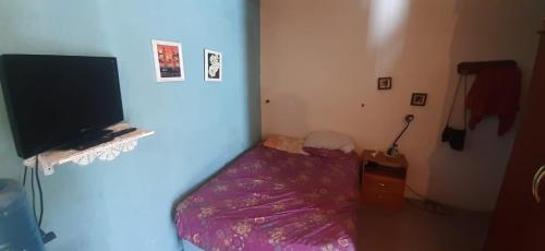 małą sypialnię z łóżkiem i telewizorem z płaskim ekranem w obiekcie DEPARTAMENTO MONOAMBIENTE w mieście San Luis