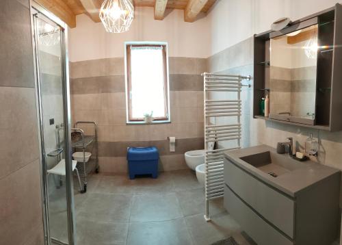 a bathroom with a shower and a toilet and a sink at SEMI AL VENTO: la bio-casa nel giardino incantato! in Paesana