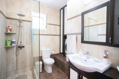 a bathroom with a toilet and a sink and a shower at Holiday Villa in Pefkochori