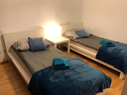 2 Betten in einem Zimmer mit blauen Kissen darauf in der Unterkunft Camarate-golf sea views in Estepona