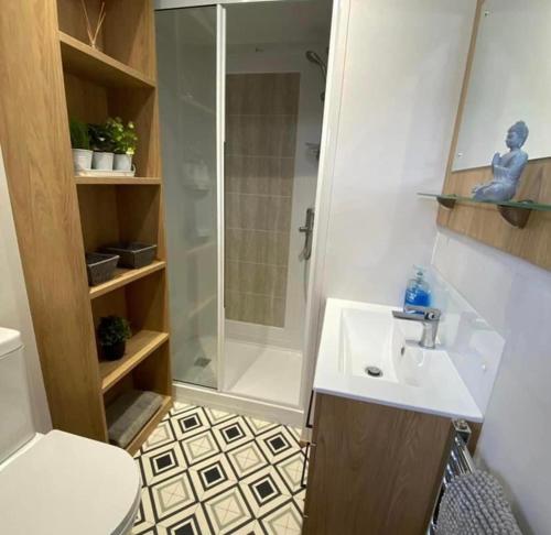 La salle de bains est pourvue d'un lavabo blanc et d'une douche. dans l'établissement The Luxe Lodge, Skipsea Sands Bridlington, à Ulrome