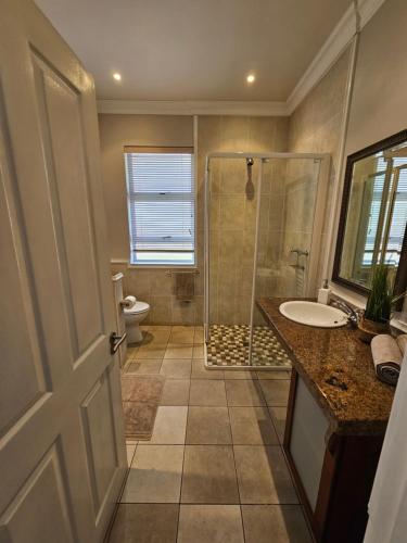 a bathroom with a shower and a sink and a toilet at A Shot Of Luck in Mossel Bay