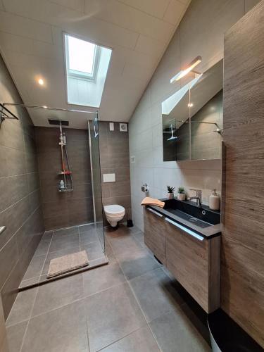 La salle de bains est pourvue d'une douche, d'un lavabo et de toilettes. dans l'établissement Gîte La Forge, ouvert en 2016., à Lierneux