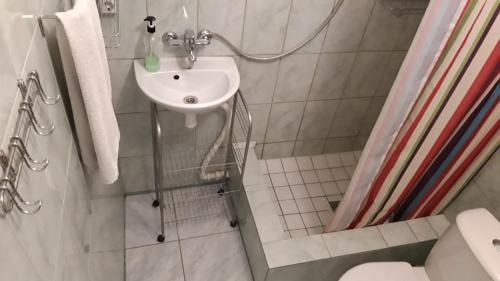 uma pequena casa de banho com um lavatório e um chuveiro em Airport Apartment em Talin