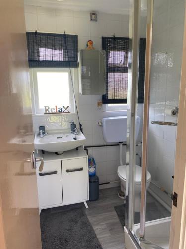 a small bathroom with a sink and a toilet at Sunee Holidays Chalet in Hemsby