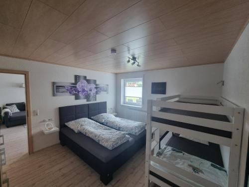 een slaapkamer met een stapelbed en een stapelladder bij Ferienwohnung Biosphärenblick in Münsingen